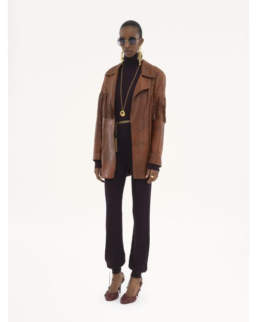 Chloé Brown Belted Fringed Jacket In Leather
