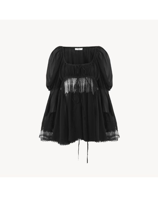 Top manches bouffantes à encolure carrée en georgette de soie et dentelle Chloé en coloris Black