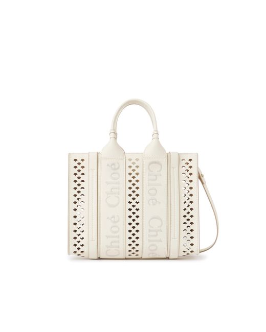 Chloé Natural Small Woody Tote Bag In Grained Leather