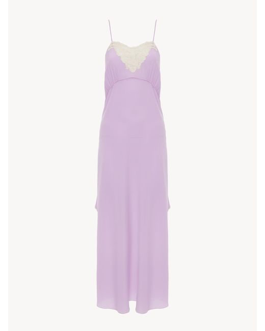 Vestido Midi Con Tirantes Finos De Crepé De Seda China Y Encaje Morado 100% Seda Chloé de color Purple