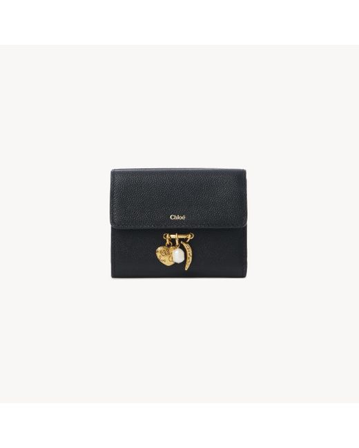 Chloé Black Small Chloé Charms Tri-fold Wallet In Grained Leather