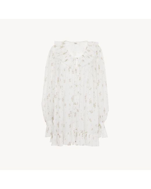 Chloé White Gathered Long-Sleeve Mini Dress