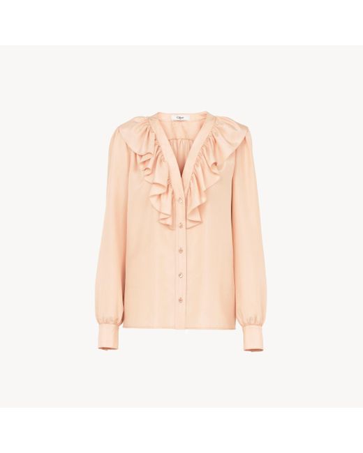 Chloé Pink Gerüschte Bluse Aus Seidenhabotai Mit V-Ausschnitt