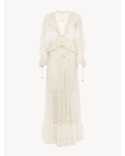 Vestido Largo Fruncido De Encaje Bordado Con Escote En V Blanco 100% Poliéster, Pinctada Maxima, Farmed, Coo Australia Chloé de color White