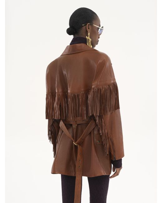 Chloé Brown Belted Fringed Jacket In Leather