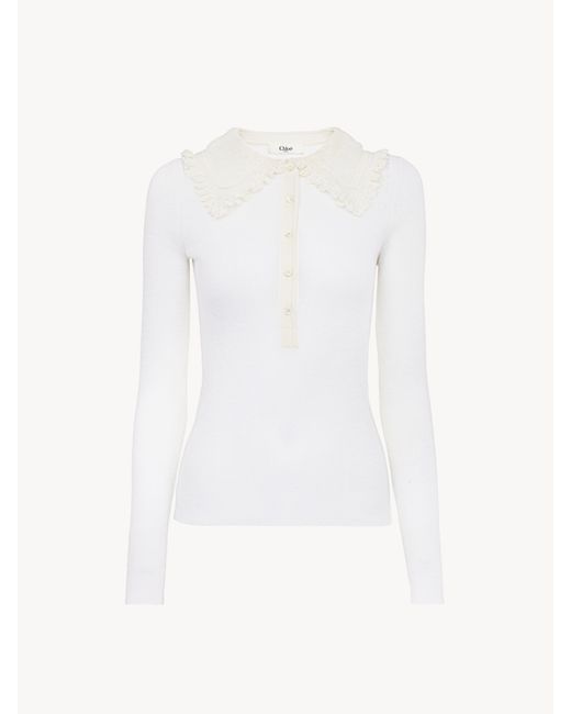 Camisa Henley Con Cuello De Punto De Lana Superfina Y Encaje Blanco 100% Lana, Pinctada Maxima, Farmed, Coo Australia Chloé de color White