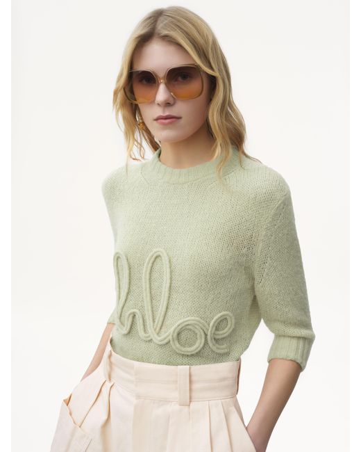 Pull manches trois-quart en maille de laine alpaga et soie à logo Chloé en coloris Green