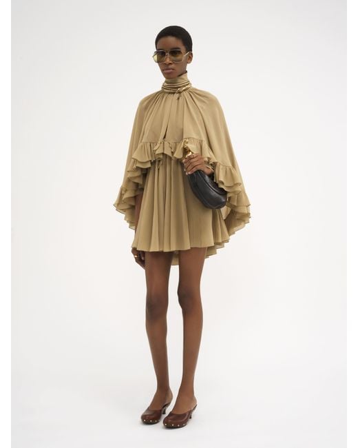 Chloe Mini Cape Dress In Silk Georgette in Brown Lyst