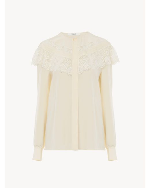 Blusa Fruncida De Crepé De Seda China Con Encaje Blanco 100% Seda, Pinctada Maxima, Farmed, Coo Australia Chloé de color White