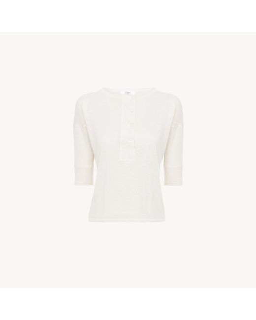 Pull henley manches courtes en maille de lin et soie Chloé en coloris White