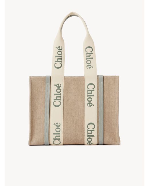 Bolso Tote Woody De Lino Verde 100% Lino, Piel De Ternera, Poliéster Chloé de color Natural