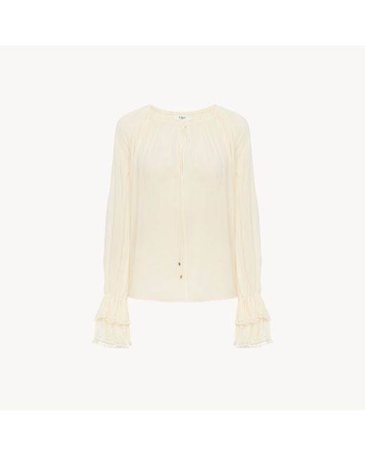 Chloé White Gathered V-Neck Top