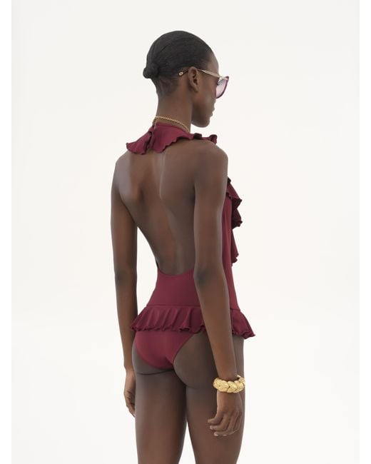 Chloé Red Ruffled V-Neck One-Piece Swimsuit 82% Polyamide, 18% Elastane