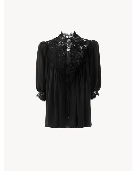 Chloé Black Fluid Puff-Sleeve Top