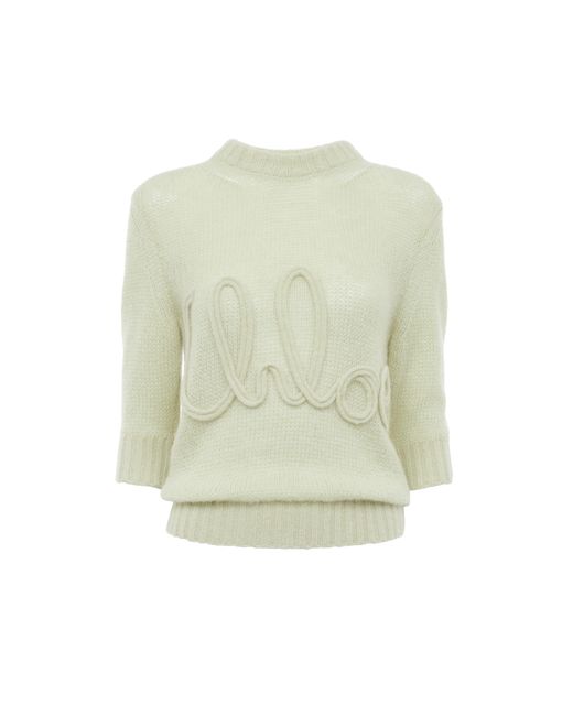 Pull manches trois-quart en maille de laine alpaga et soie à logo Chloé en coloris Green
