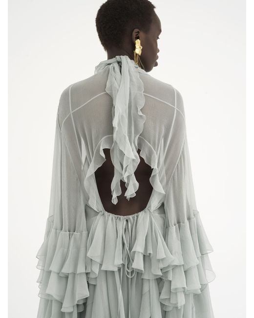Chloé Green Mini Ruffled Dress In Silk Mousseline