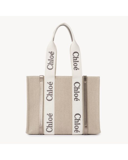 Chloé Natural Woody Tote Bag aus Leinen und Leder