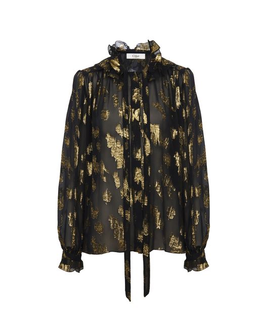 Chloé Black Gathered Blouse In Silk Jacquard & Lurex