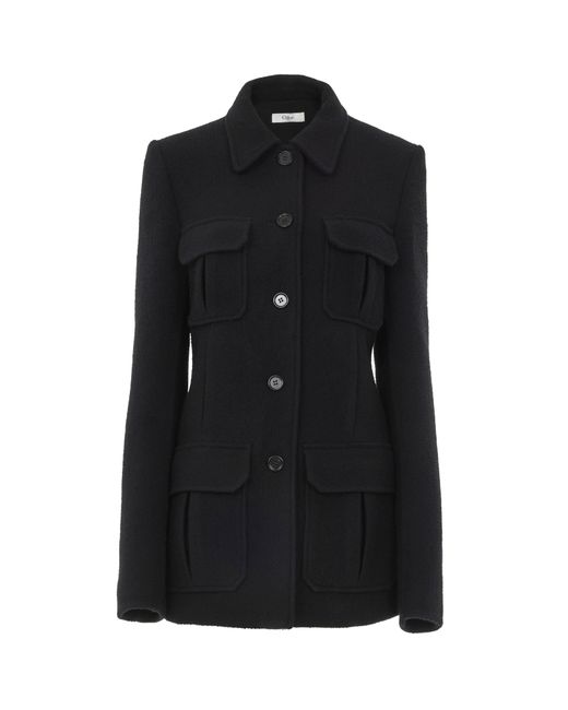 Chloé Black Long Officer Jacket In Bouclé Wool