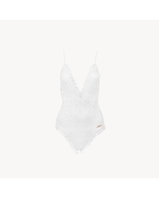 Chloé White Ruffled V-Neck One-Piece Swimsuit