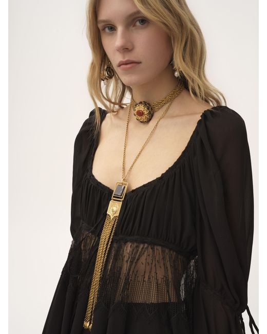 Top manches bouffantes à encolure carrée en georgette de soie et dentelle Chloé en coloris Black