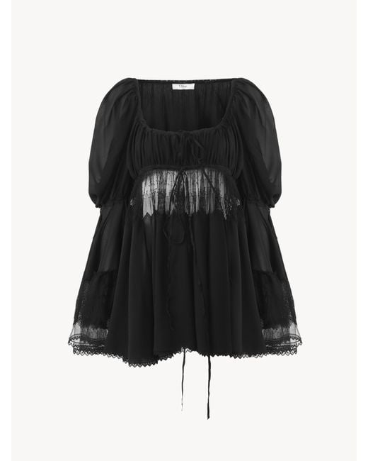 Top manches bouffantes à encolure carrée en georgette de soie et dentelle Chloé en coloris Black