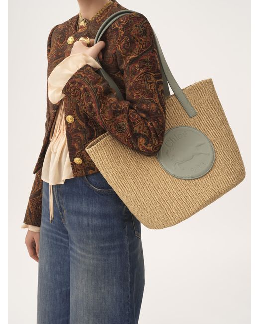 Chloé Large Horse Medal Basket In Natural Fibers in Metallic