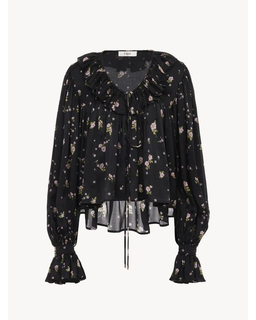 Top large à volants en charmeuse de soie Chloé en coloris Black