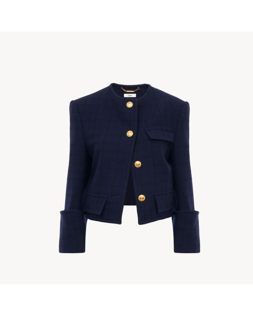 Chloé ノーカラー ジャケット 新品・タグ付き Chloé チェックウール製ボクシー ノーカラージャケット ブルー