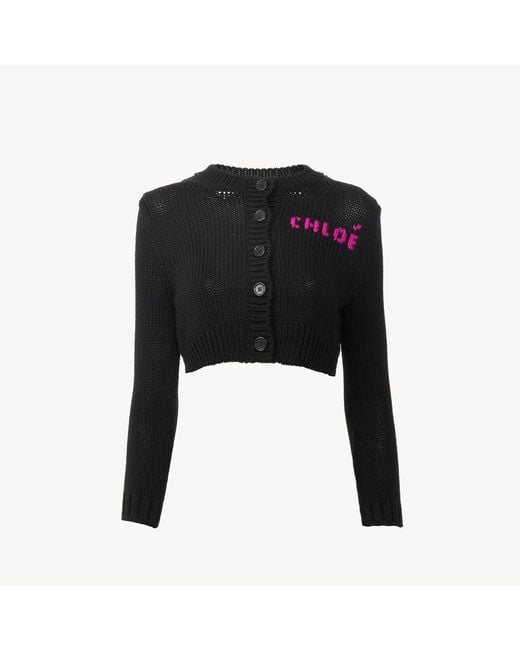 Chloé Black Cropped Fitted Logo Cardigan