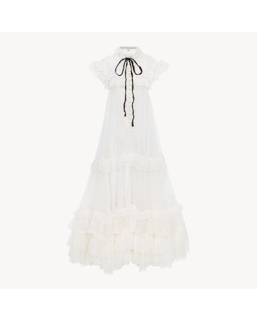 Chloé White Tie-Front Ruffled Long Dress