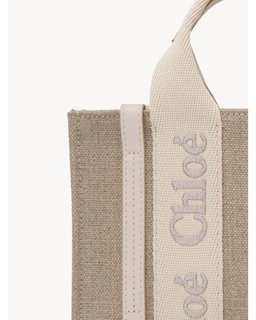 Chloé Natural Mini Woody Tote Bag In Linen & Leather