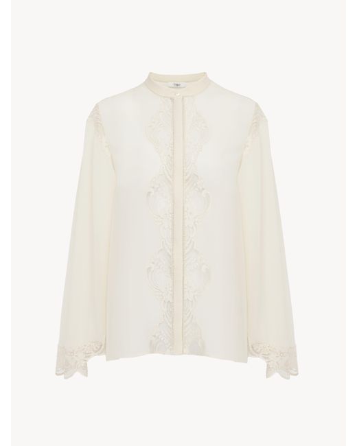 Blusa Fluida De Georgette De Seda Y Encaje Blanco 100% Seda, Pinctada Maxima, Farmed, Coo Australia Chloé de color White
