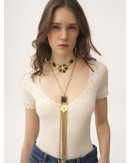 Chloé Natural Scoop-neck Fitted Top In A Wool Knit & Lace