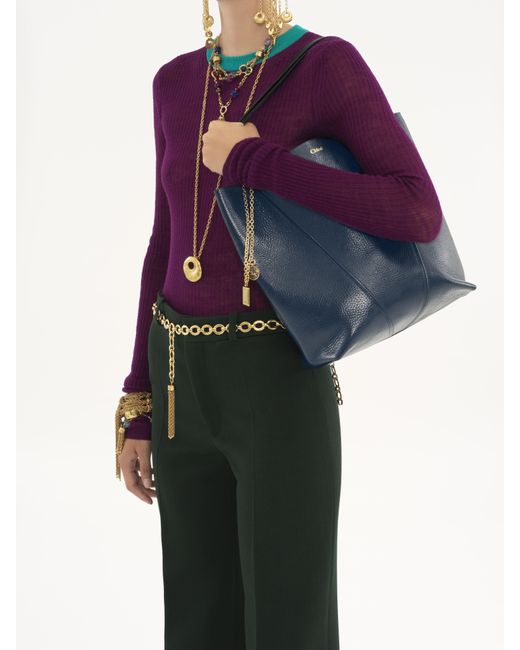 Chloé Blue Chloé Spin Tote Bag In Grained Leather