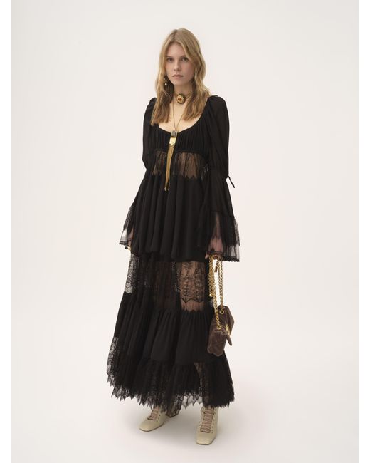 Top manches bouffantes à encolure carrée en georgette de soie et dentelle Chloé en coloris Black