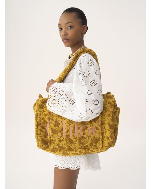 Chloé Yellow Große Chloé Plage Tote Bag aus Jacquard-Frottee