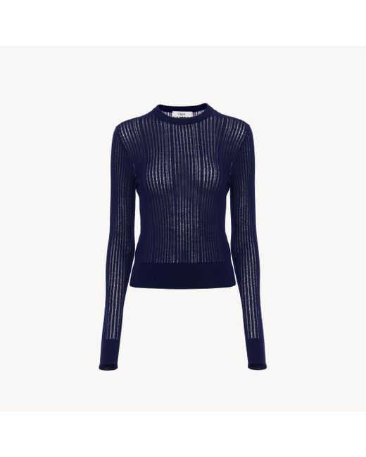 Pull ajusté à col rond en maille de laine Chloé en coloris Blue