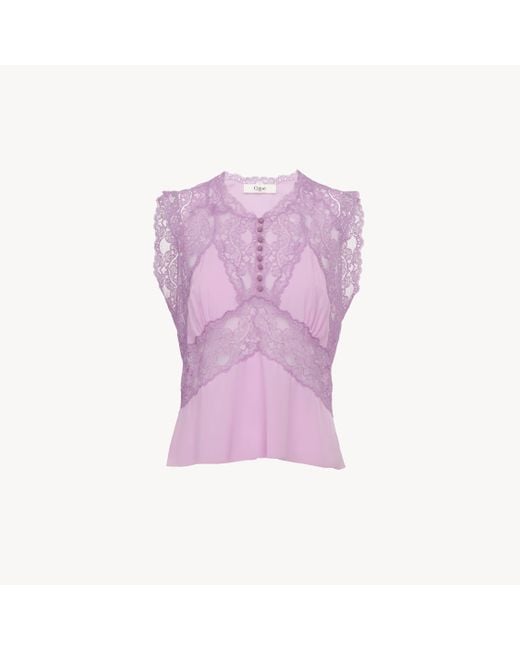 Chloé クレープデシン＆レース製Vネックトップス Purple