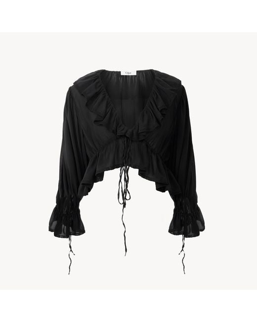 Chloé Black Cropped V-Neck Ruffle Top