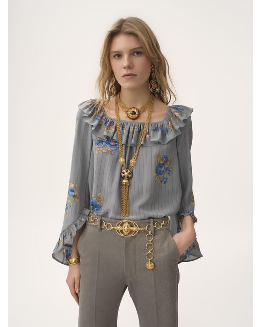 Chloé Gray Square-neck Ruffle Top In Crêpe De Chine