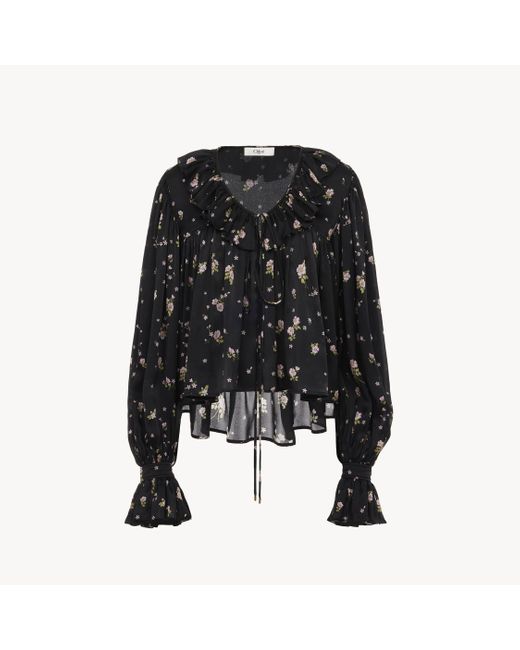 Top large à volants en charmeuse de soie Chloé en coloris Black