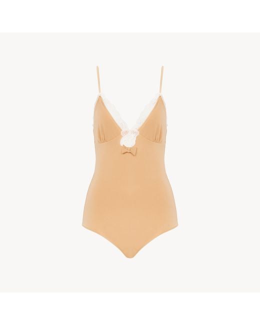 Chloé Natural Lace-Trimmed Ruched Bodysuit