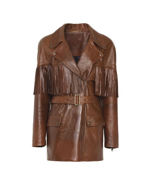 Chloé Brown Belted Fringed Jacket In Leather