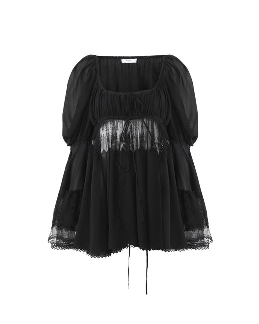 Top manches bouffantes à encolure carrée en georgette de soie et dentelle Chloé en coloris Black