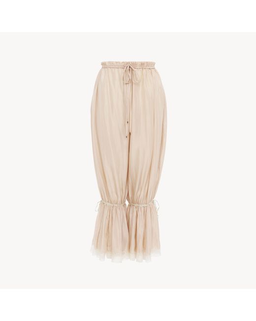 Chloé Natural Fließende verkürzte Hose aus gewaschenem Seidenpongé und Spitze