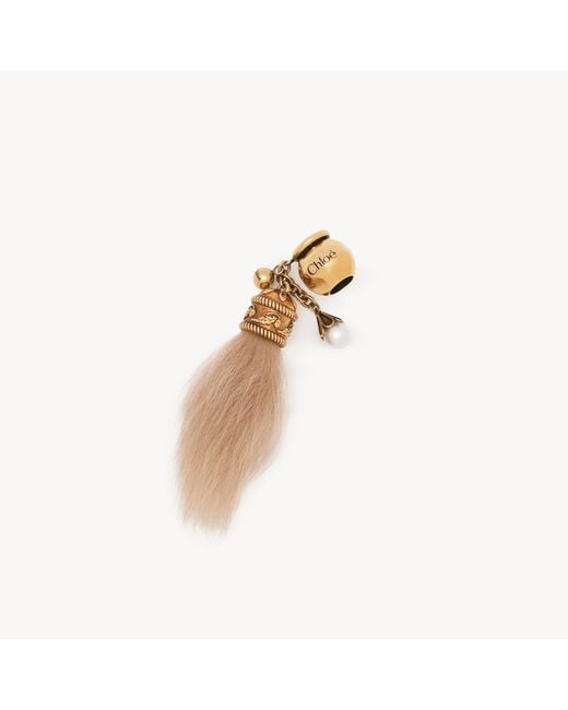 Chloé White Sphere Shearling Tail Dice Charm For Bracelet Bag In Brass
