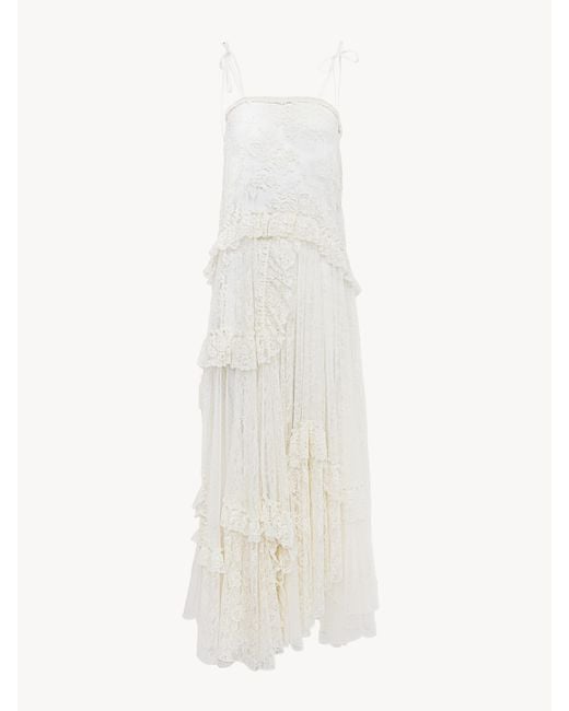 Robe longue à fines bretelles en dentelle brodée Chloé en coloris Natural