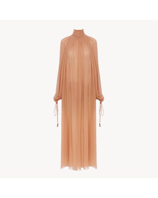 Chloé Brown Mock-Neck Gathered Long Dress