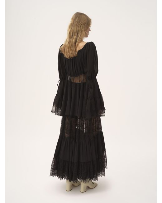 Top manches bouffantes à encolure carrée en georgette de soie et dentelle Chloé en coloris Black